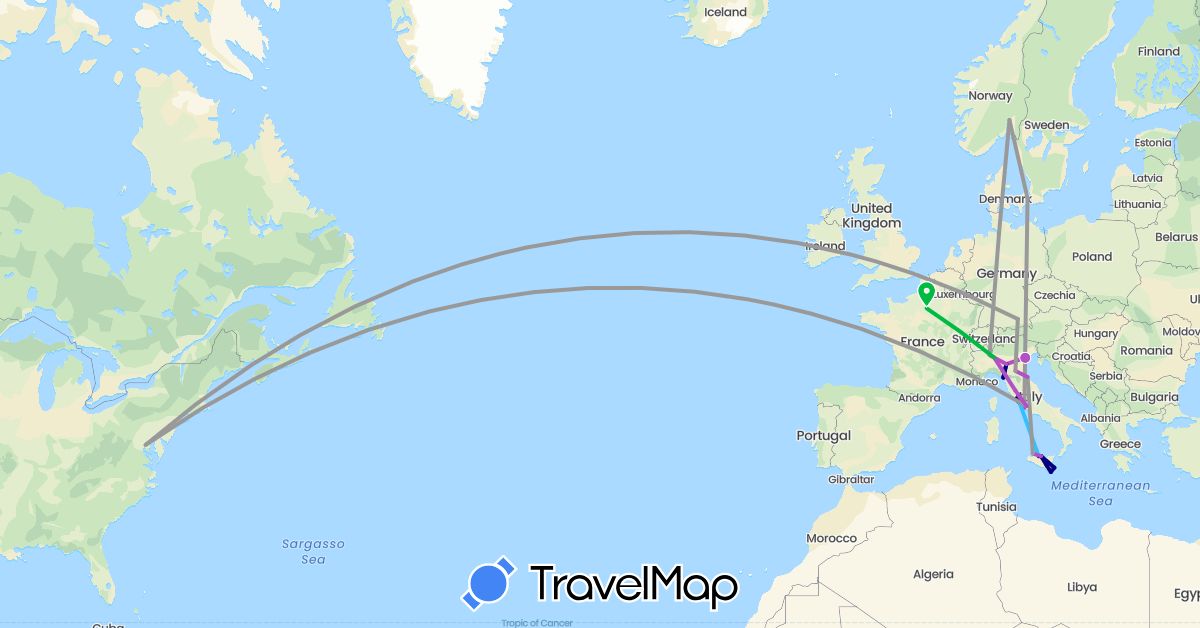 TravelMap itinerary: driving, bus, plane, train, boat in Germany, Denmark, France, Italy, Norway, United States (Europe, North America)